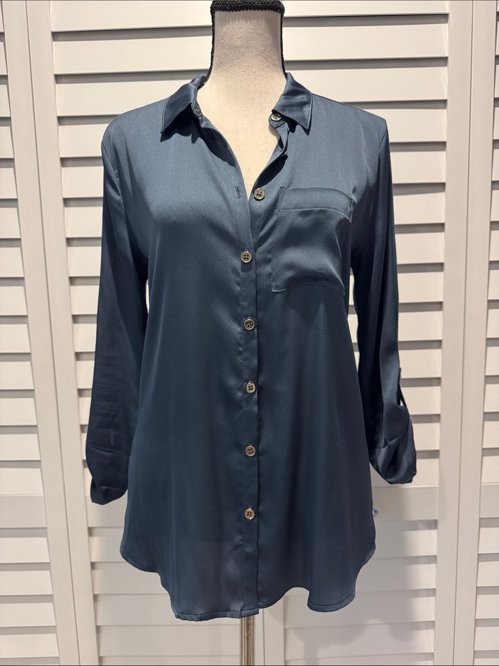 Ann Taylor Button Down Blouse in Slate Blue with gold buttons.